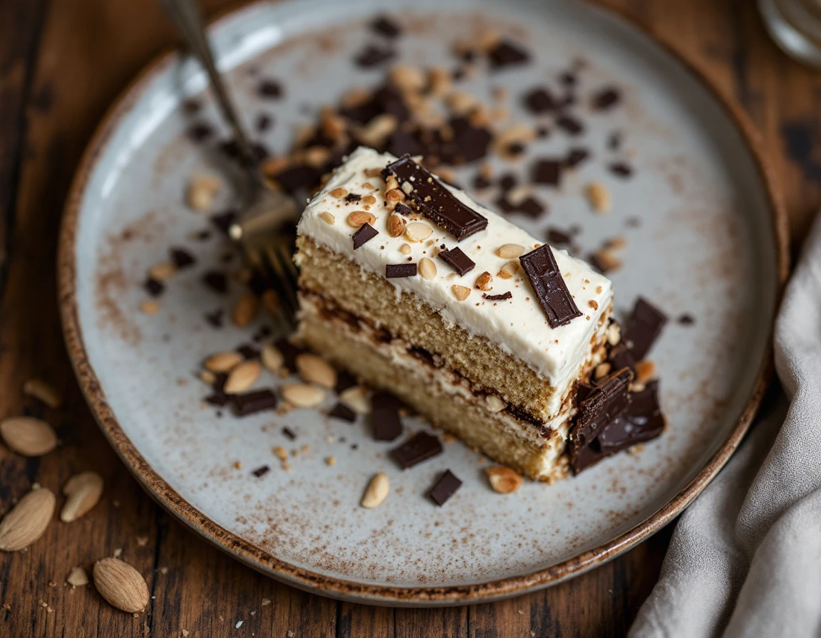 Almond Praline Cake with Mascarpone Frosting and Chocolate Bark
