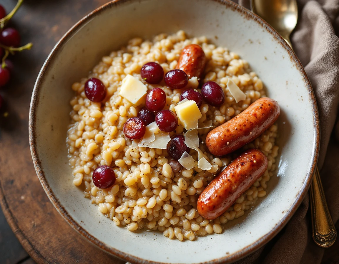 Alt-Grain Porridge With Sausages and Grapes