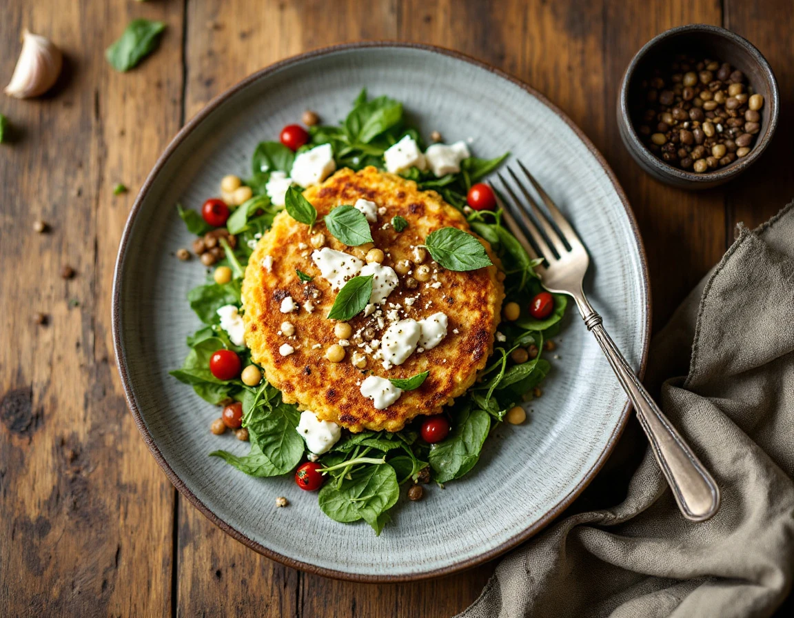 Ananda Caesar Salad with Cornmeal-Chickpea Pancake