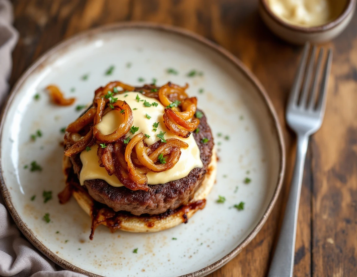 Andouille and Beef Burgers with Spicy Mayo and Caramelized Onions