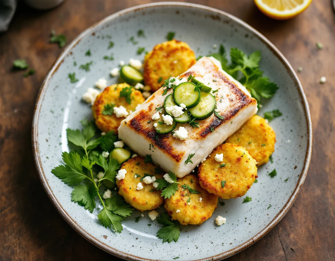 Arctic Char with Cucumber-Feta Relish and Jalapeño-Goat Cheese Hush Puppies