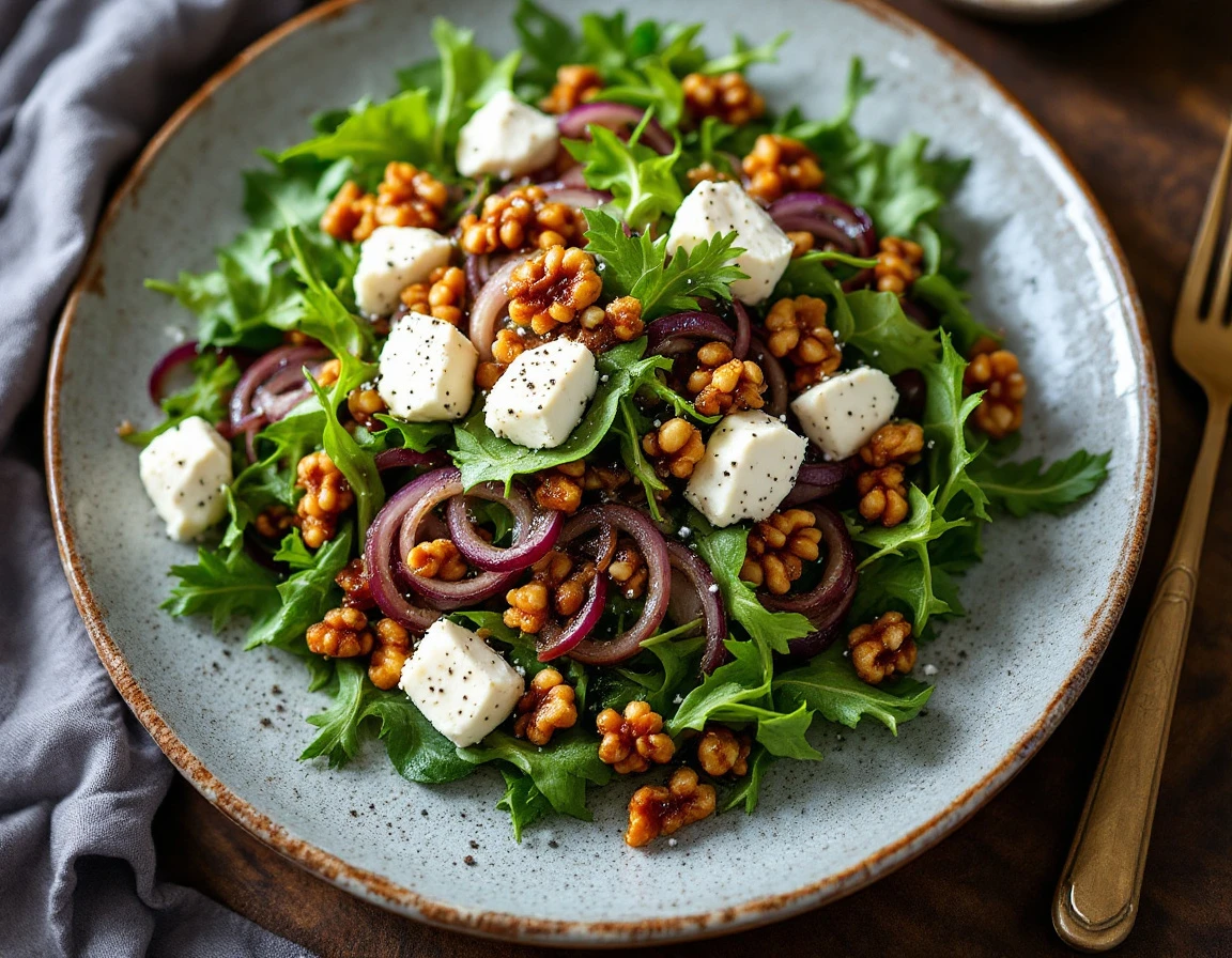 Arugula Salad with Caramelized Onions, Goat Cheese, and Candied Walnuts