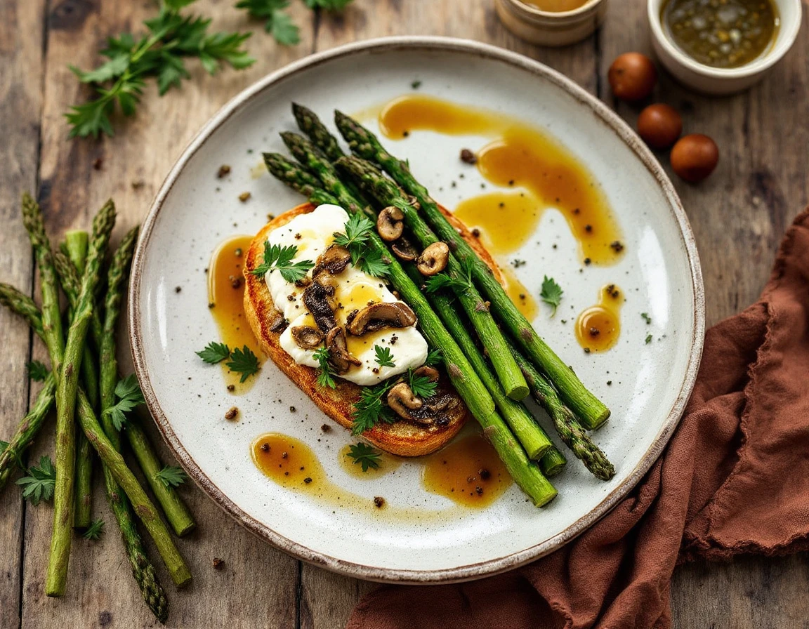Asparagus Goat Cheese Bruschetta with Porcini Vinaigrette