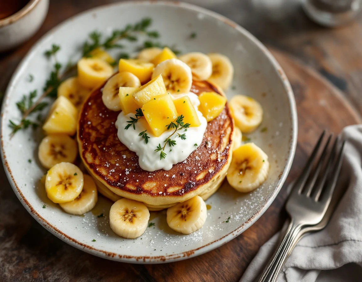 Banana Pancakes with Pineapple and Crème Fraîche