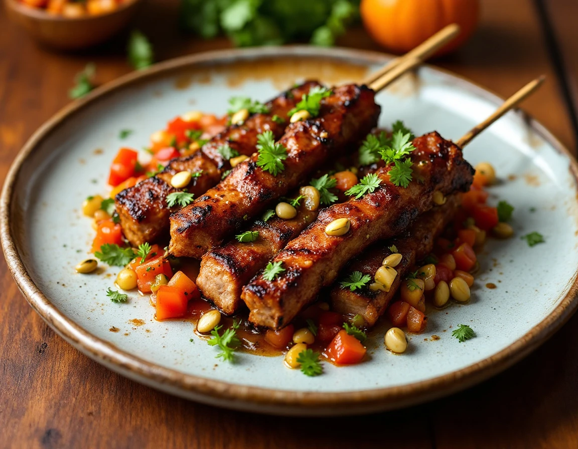 Barbecue Pork Kebabs With
Blistered-Chile–Pumpkin Seed Salsa