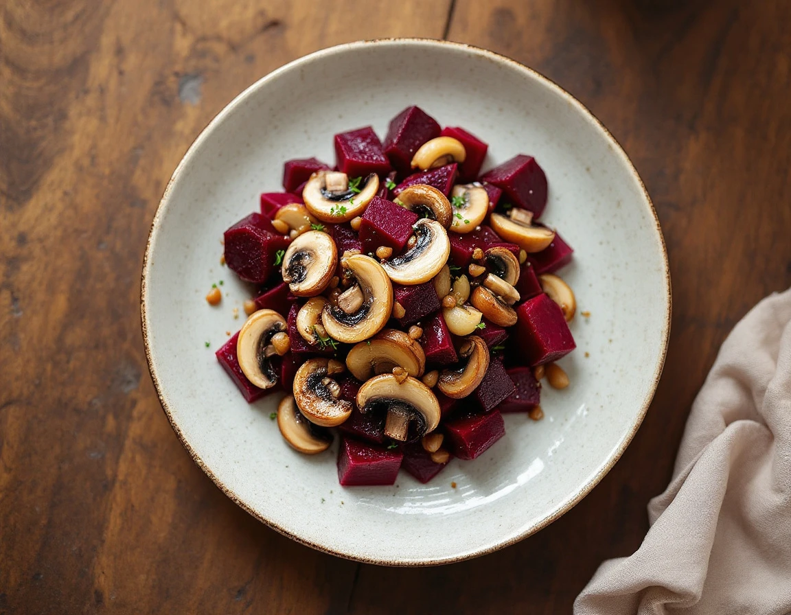 Beet Salad with Pickled Mushrooms and Caramelized Shallots