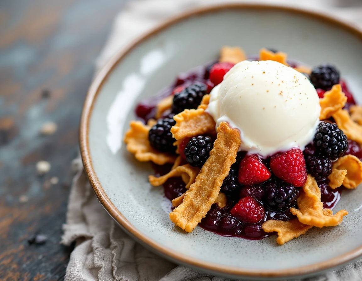 Berry Compote with Crispy Won Ton Strips and Vanilla Ice Cream