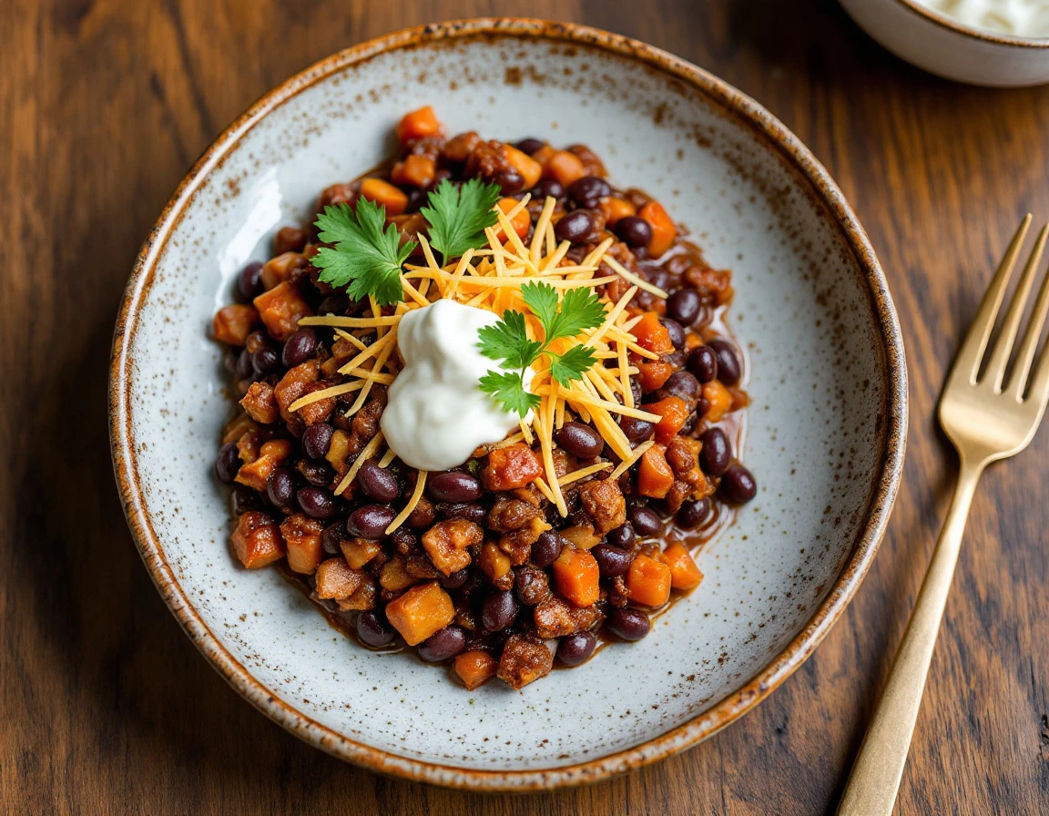 Black Bean Chili with Crispy Pork and Poblano Salsa