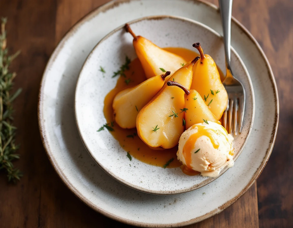 Bosc Pears in Rosé Wine with Persimmon Ice Cream