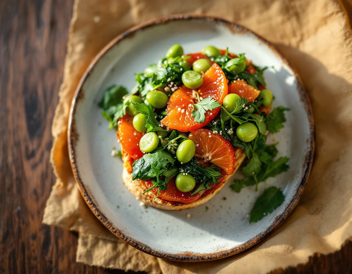 Bruschetta with Fava Beans, Greens, and Blood Oranges