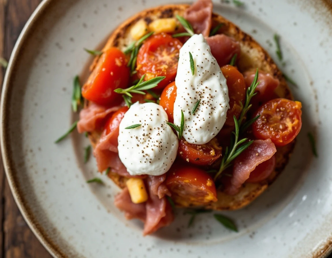 Bruschetta with Rosemary, Roasted Plum Tomatoes, Ricotta and Prosciutto
